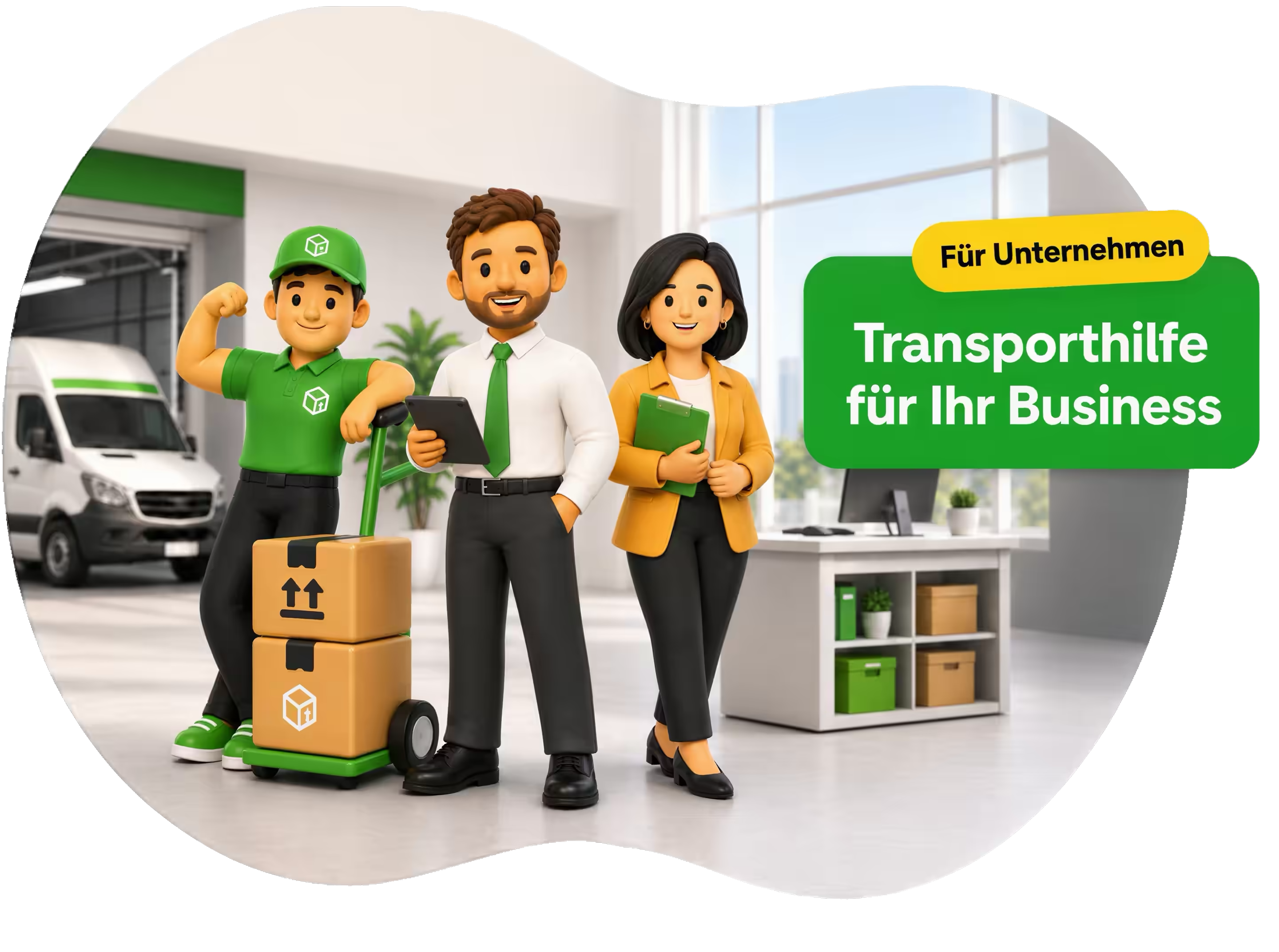 FlexLast Team mit Transportboxen in einem hellen Business-Logistikbuero