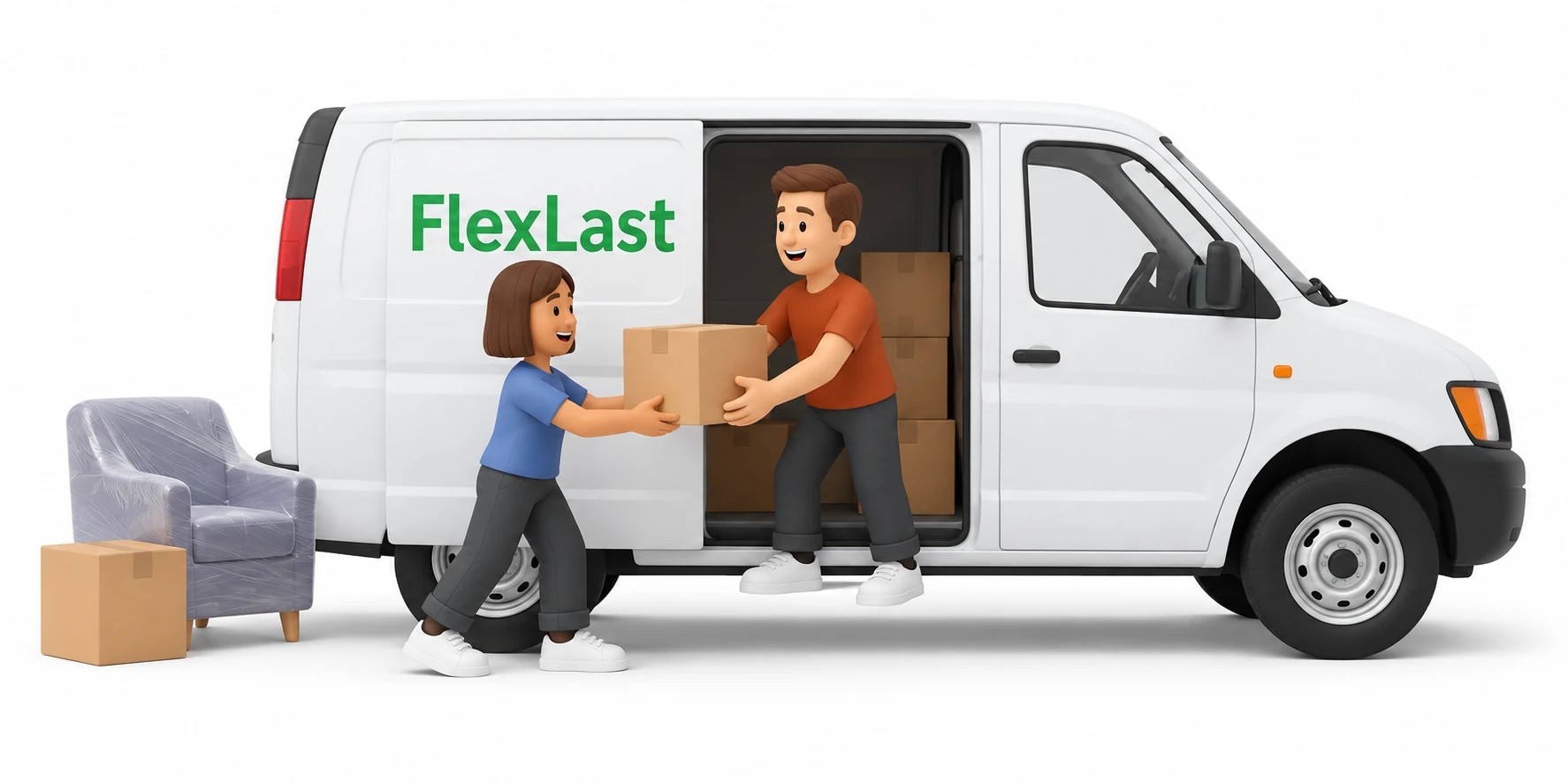 Zwei Privatpersonen laden Kartons durch die seitliche Schiebetür in einen weißen FlexLast-Transporter.