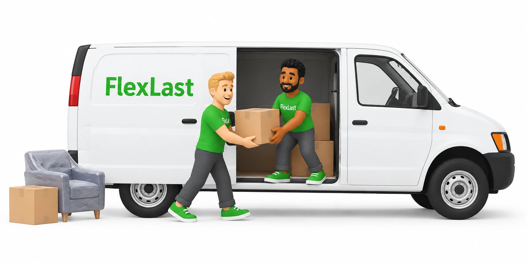 Zwei FlexLast-Helfer in Grün laden Kartons durch die seitliche Schiebetür in einen weißen FlexLast-Transporter.