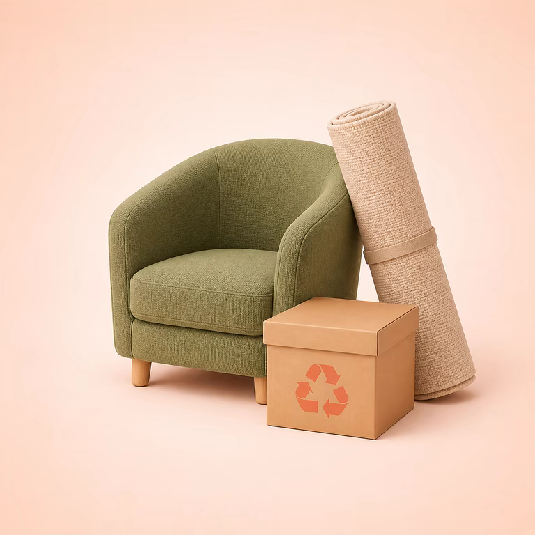 Sessel, zusammengerollter Teppich und Recyclingkarton