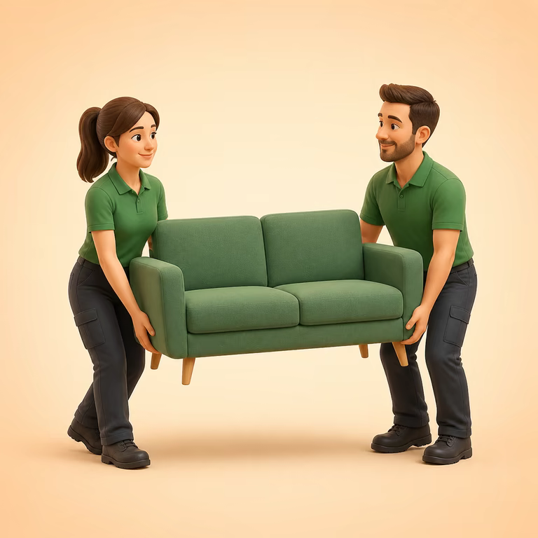 Zwei Tragehelfer tragen gemeinsam ein grünes Sofa