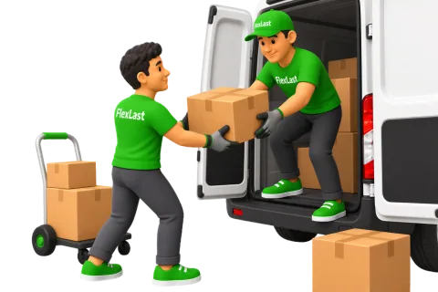 Zwei FlexLast-Helfer laden Kartons in einen Transporter